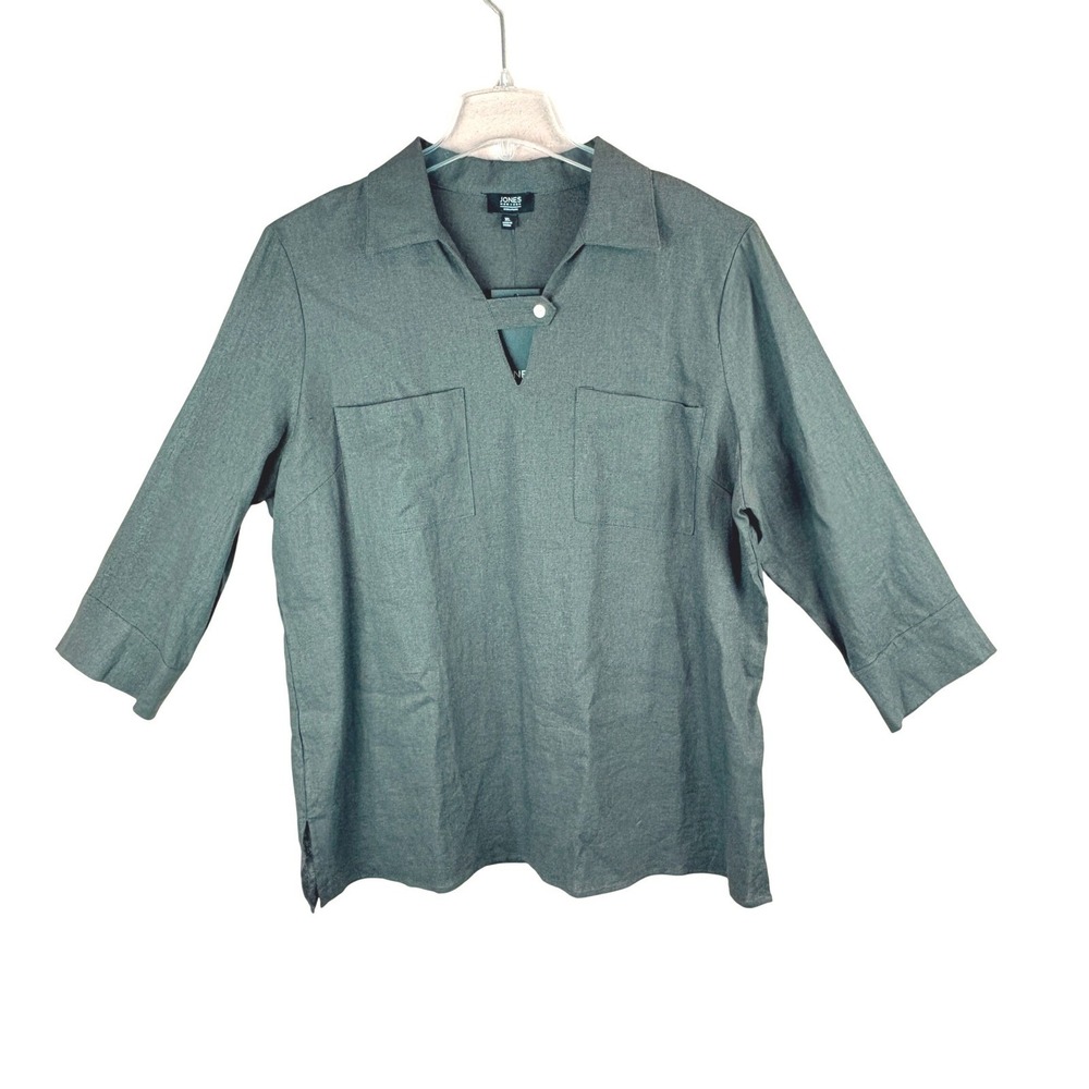 JONES NEW YORK SIGNATURE Women's XL Olive Green Linen Blend Collared V-Neck NWT